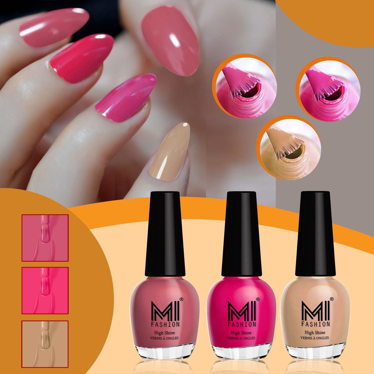 MI Fashion Nail Polish Kit Glossy Shades for a Glam Look Pack of 3 (15ML each)(TAN,Passion Pink,Sweet Nude)