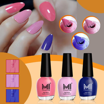 MI Fashion Nail Paint For Perfect Trendy Colors, Never-Ending HD Look for Superb Shine Pack of 3 (15ML each)(Nude Pink,Carrot Red,Royal Blue)