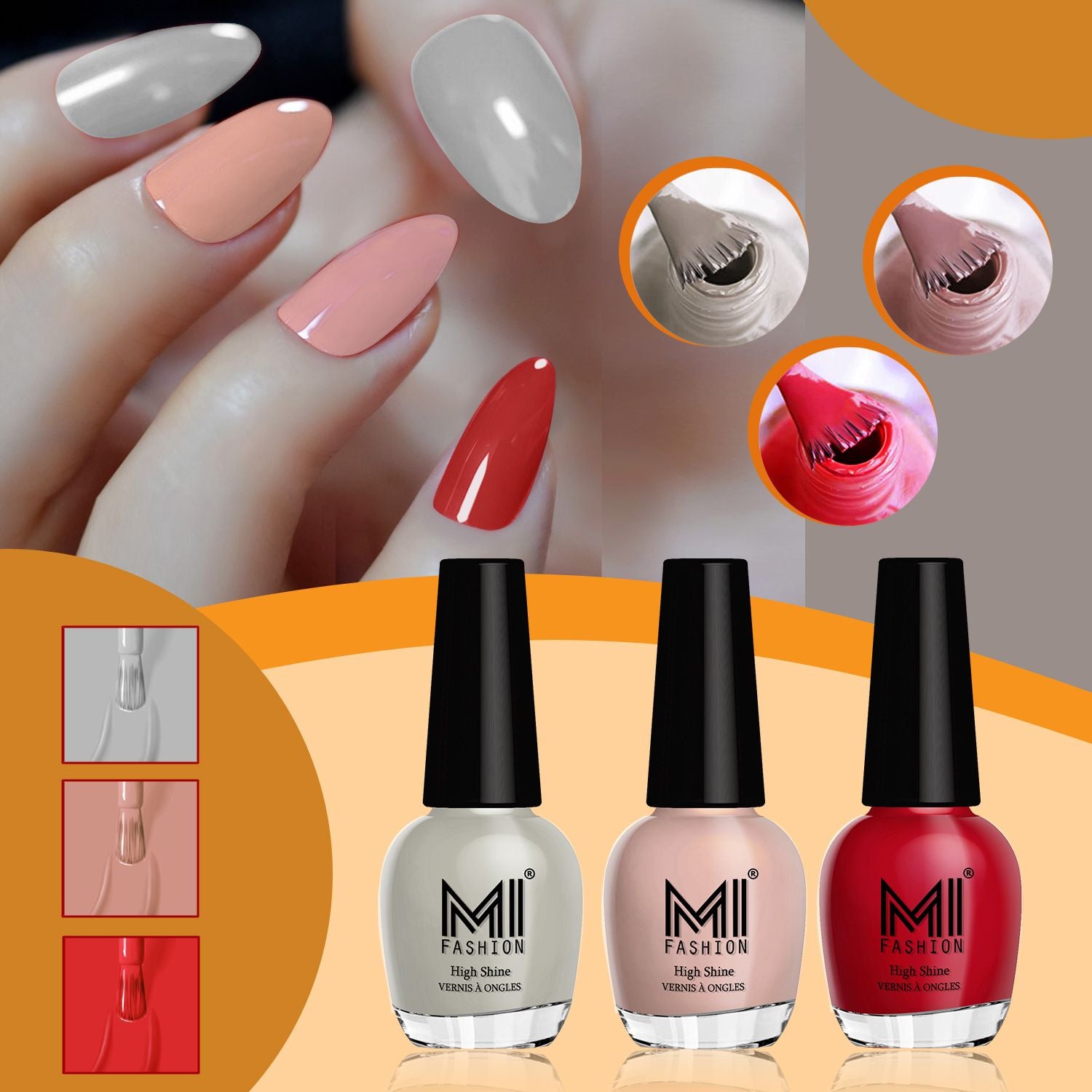 MI Fashion Nail Paint Set High Shine and Long Lasting Glossy Nails Pack of 3 (15ML each)(Light Nude,Red,Nude)