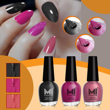 MI Fashion Nail Paint for Premium HD Shine And Super Shiny, Never-Ending Trendy Colors Pack of 3 (15ML each)(Jet Black,Bright Plum,Mauve Brown)
