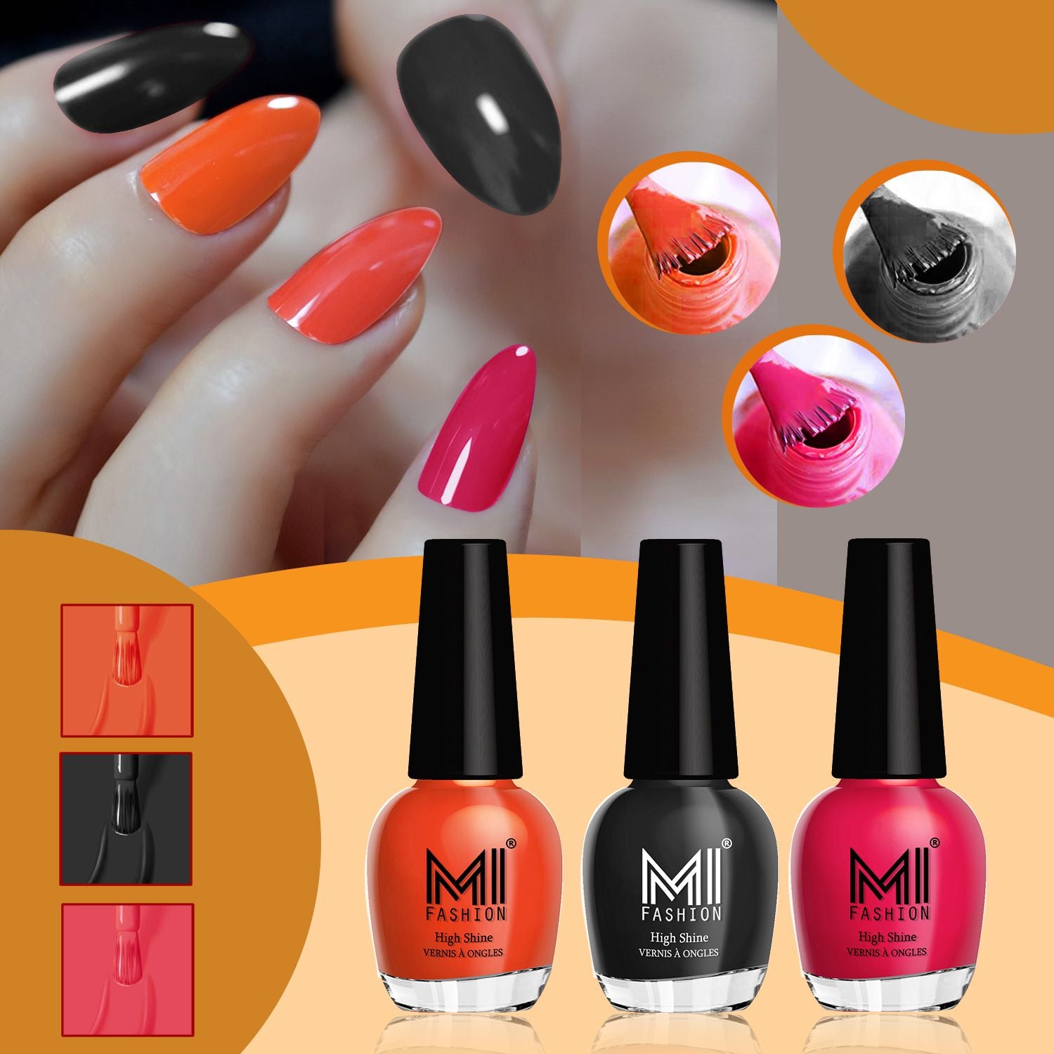 MI Fashion Nail Polish Kit for a Shiny and Stylish Manicure For Every Women Pack of 3 (15ML each)(Jet Black,Coral,Neon Pink)