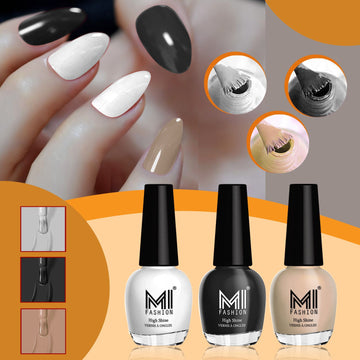 MI Fashion Nail Polish Kit Glossy Shades for a Glam Look Pack of 3 (15ML each)(Milky White,Jet Black,Skin Nude)