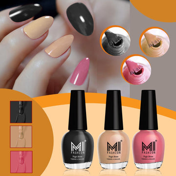 MI Fashion Highly Shiny Nail Polish for HD Shine Texture & Never Ending Nail Polish Combo Pack of 3 (15ML each)(Jet Black,Sweet Nude,Candy Cotton)