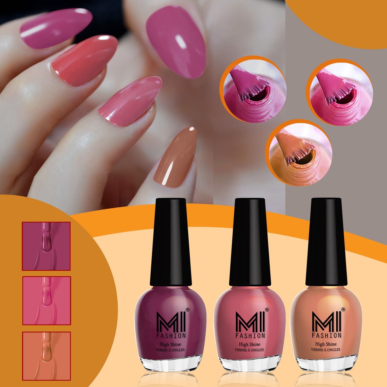 MI Fashion Nail Paint Set High Shine and Long Lasting Glossy Nails Pack of 3 (15ML each)(Dark Purple,TAN,Nude)
