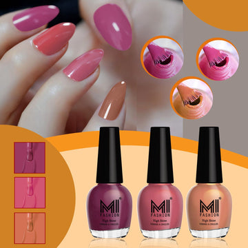 MI Fashion Nail Paint Set High Shine and Long Lasting Glossy Nails Pack of 3 (15ML each)(Dark Purple,TAN,Nude)